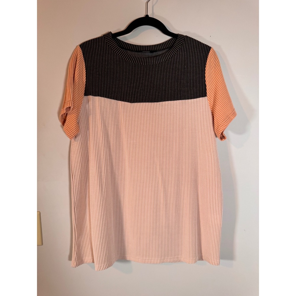 Dokotoo Womens Ribbed Knit Colorblock Short Sleeve Top Pink Black Peach Large